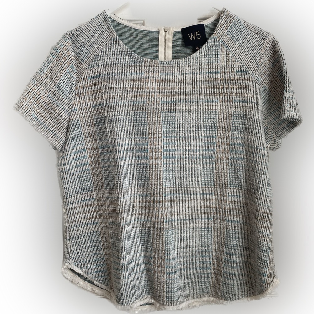 W5 Womens Size Medium Structured Textured Short Sleeve Top White Teal Black Gold